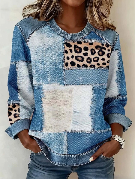 

Women Leopard Crew Neck Printing Vintage Spring/Fall Long Sleeve Sweatshirt, Blue, Sweatshirts & Hoodies
