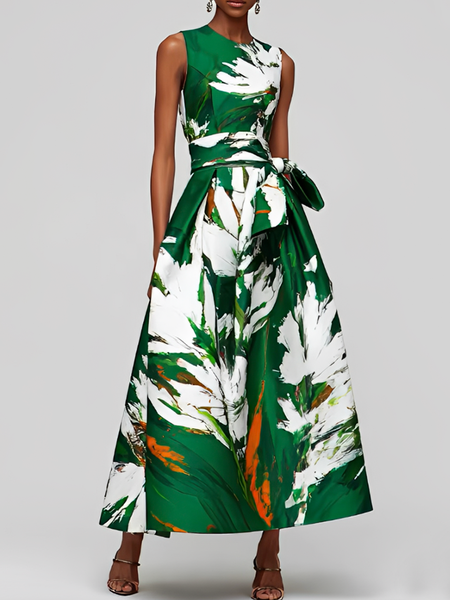 Elegant Floral Crew Neck Maxi Dress With Belt