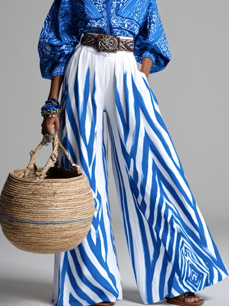 

Casual Geometric Wide Leg Pants Pant No Belt, Blue, Pants