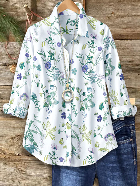 

Women Floral Shirt Collar Long Sleeve Shirt Buckle Regular Sleeve Casual Daily Spring/Fall Top, White, Shirts