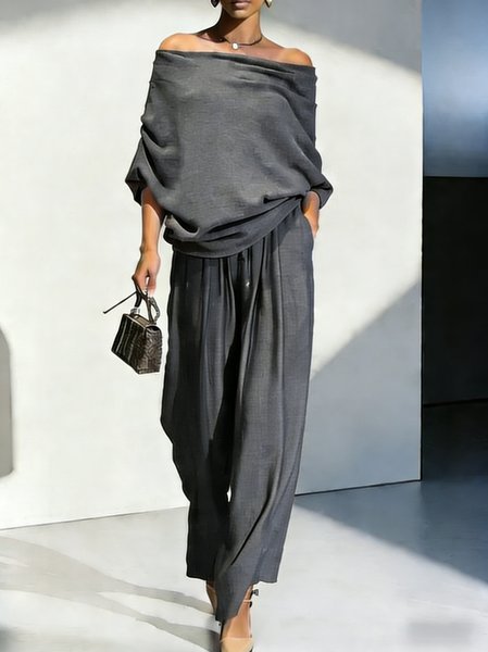 Women Plain Two-Piece Set Daily Long Sleeve Elegant Spring/Fall Top With Pants Matching Set