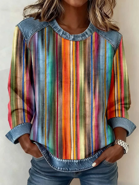 

Women Abstract Stripes Crew Neck Printing Vintage Spring/Fall Long Sleeve Sweatshirt, As picture, Sweatshirts & Hoodies