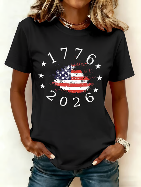

Women America Flag Short Sleeve Tee T-shirt Crew Neck Printing Casual Graphic Tee Summer Top, Black, T-Shirts