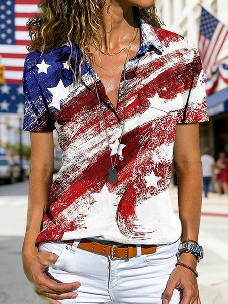 

Shawl Collar Short Sleeve Star Regular Loose Shirt For Women, As picture, Shirts