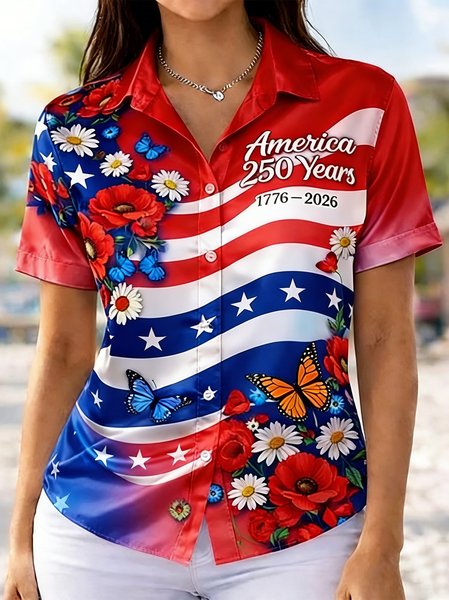 

Shawl Collar Short Sleeve 3D Printing Regular Loose Shirt For Women, Red, Shirts