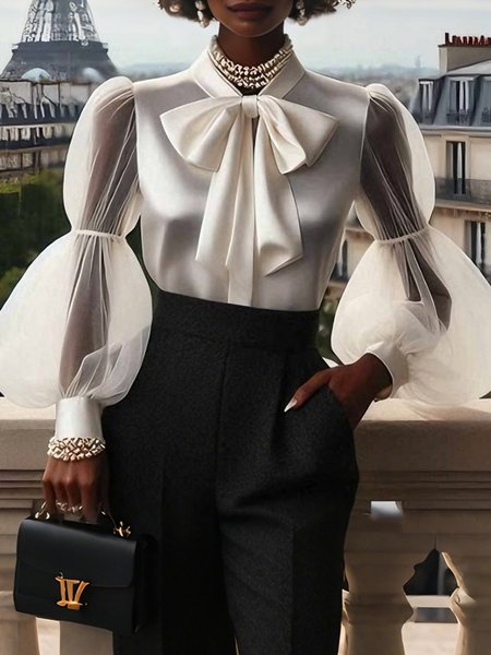 

Elegant Plain Split Joint Mesh Tie Neck Puff Sleeve Blouse, White, Blouses and Shirts