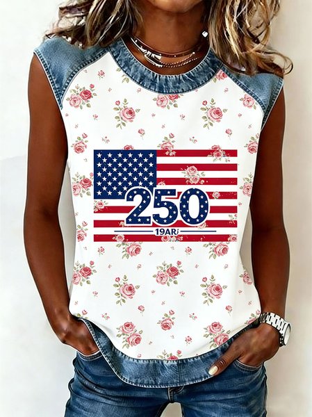 

Vintage Floral America Flag Printing Crew Neck Sleeveless T-shirt, As picture, Tanks & Camis