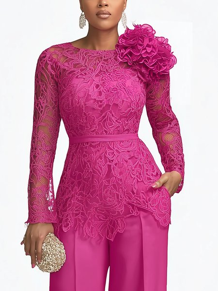 

Urban Plain Lace Crew Neck Blouse With 3D Floral, Pink, Blouses and Shirts