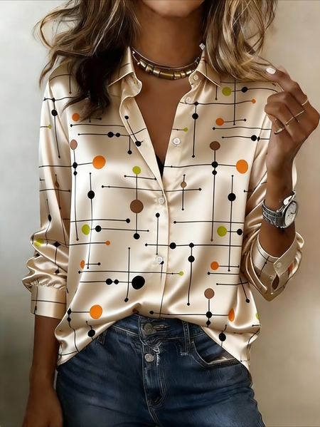 

Women Abstract Shawl Collar Long Sleeve Shirt Casual Daily Spring/Fall Top, Apricot, Shirts