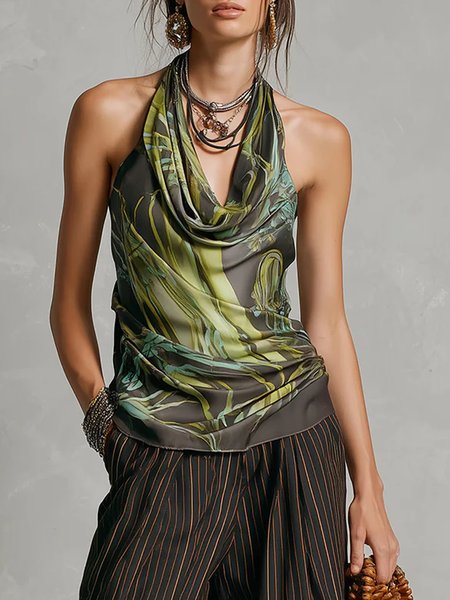 

Urban Leaf Printing Cowl Neck Tank Top, Green, Tanks and Camis