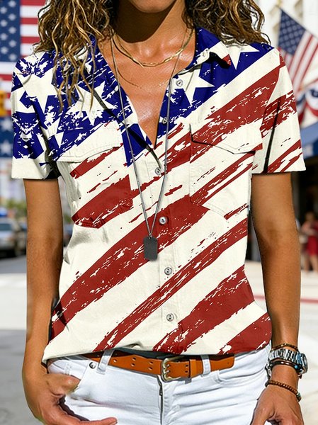 

Shawl Collar Short Sleeve Star Regular Loose Shirt For Women, As picture, Shirts