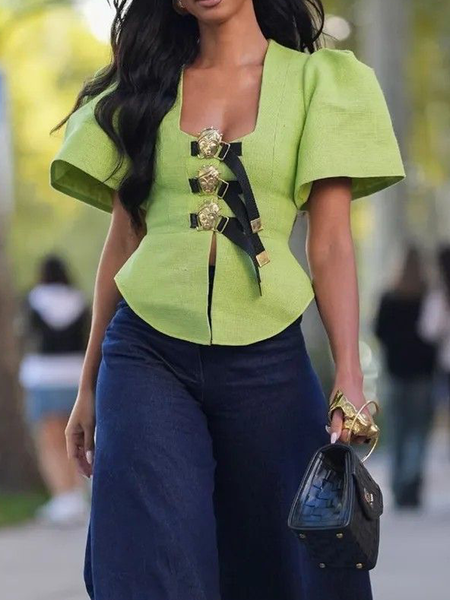 

Elegant Plain Square Neck Blouse, Green, Blouses and Shirts