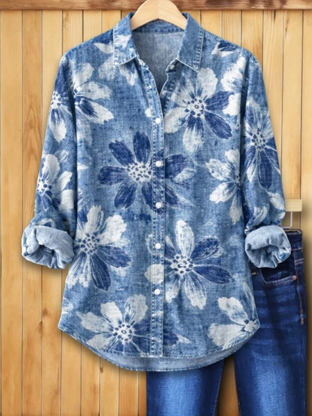 

Women Floral Shirt Collar Long Sleeve Shirt Buckle Regular Sleeve Casual Daily Spring/Fall Top, Blue, Shirts