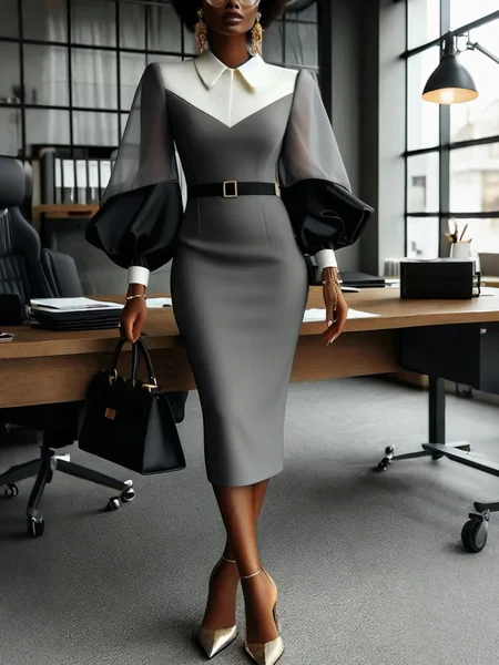 

Elegant Color Block Split Joint Shawl Collar Midi Dress With Belt, Gray, Midi Dresses