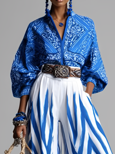 

Casual 3D Printing Stand Collar Shirt, Blue, Blouses and Shirts