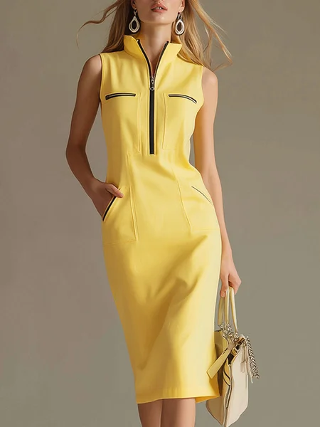 Elegant Color Block Zipper Stand Collar Midi Dress