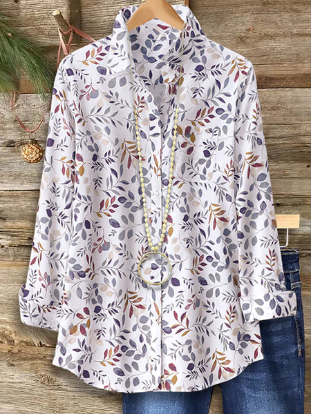 

Women Floral Shirt Collar Long Sleeve Shirt Buckle Regular Sleeve Casual Daily Spring/Fall Top, White, Shirts