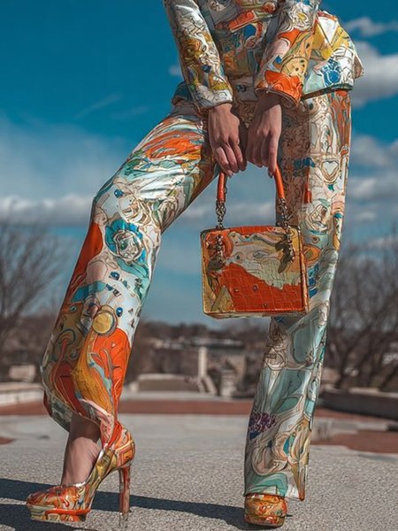 

Urban Abstract Printing Straight Pants, As picture, Pants