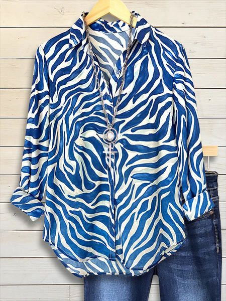 

Women Abstract Shirt Collar Long Sleeve Shirt Buckle Regular Sleeve Casual Daily Spring/Fall Top, Blue, Shirts