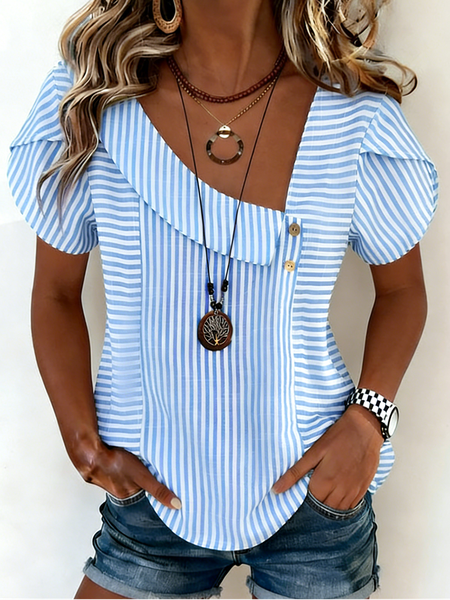 

Casual Striped Short Sleeve T-shirt, Blue, T-shirts