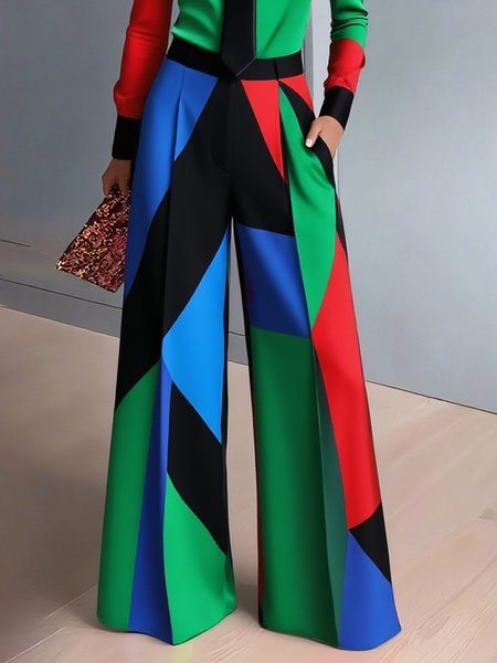 

Urban Colorblock Printing Wide Leg Pants, As picture, Pants