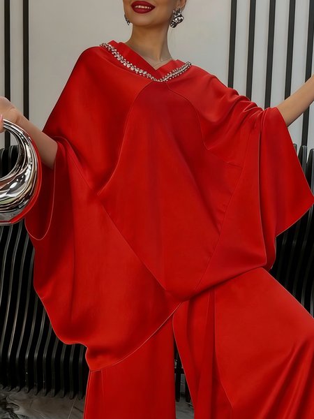 Urban Plain Irregular Craftsmanship Rhinestones Blouse, Red, Blouses and Shirts