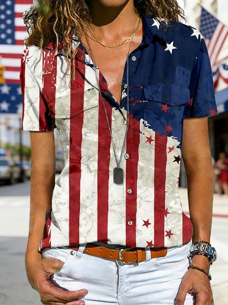 

Shawl Collar Short Sleeve Star Regular Loose Shirt For Women, As picture, Shirts