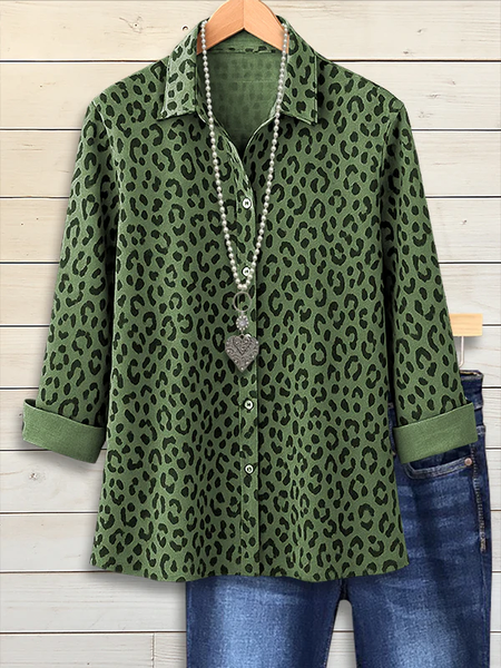 

Women Leopard Shirt Collar Long Sleeve Shirt Buckle Regular Sleeve Casual Daily Spring/Fall Top, Green, Shirts