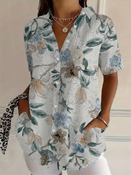 

Women Floral Shirt Collar Short Sleeve Shirt Printing Casual Daily Summer Top, As picture, Shirts