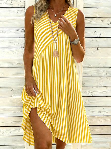 

Striped Casual Loose V Neck Dress With No, Yellow, Midi Dresses