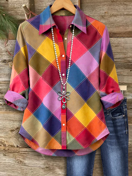 Shirt Collar Regular Sleeve Long Sleeve Multicolor Block Buckle Regular Loose Button Up Shirt Shirt For Women
