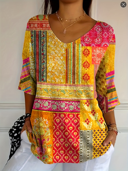 

Casual Floral V Neck Three Quarter Sleeve T-shirt, Yellow, T-shirts