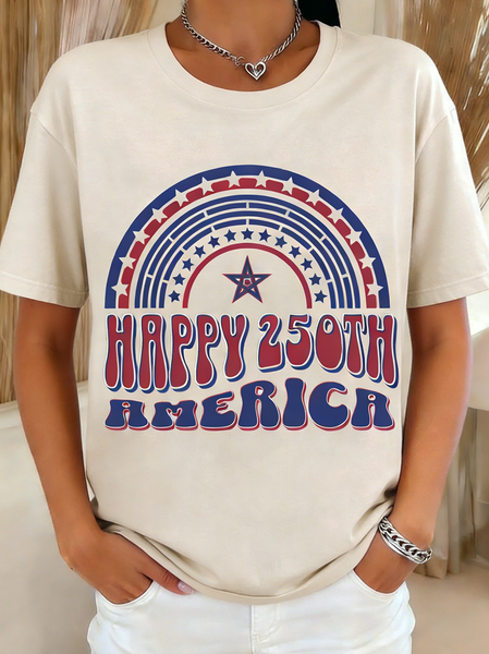 

Casual Independence Day (Flag) Crew Neck Short Sleeve T-shirt, Apricot, T-shirts