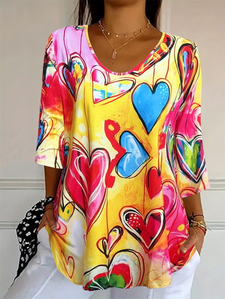 

Women Heart/Cordate Three Quarter Sleeve Tee T-shirt V Neck Printing Casual Graphic Tee Spring/Fall Top, Yellow, T-Shirts