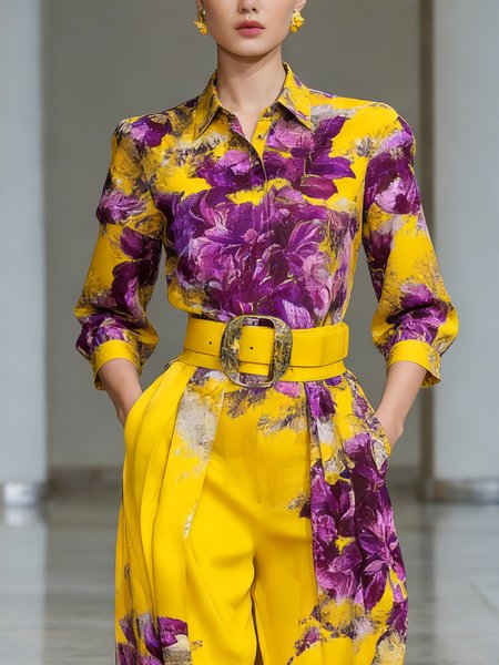 

Urban Floral Printing Shirt Collar Shirt, Yellow, Blouses and Shirts