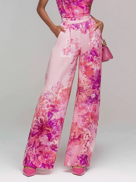 

Elegant Floral Printing Wide Leg Pants, Pink, Pants