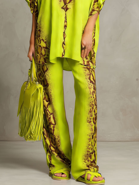 Vacation Color Block Leopard Printing Straight Pants, Green, Pants