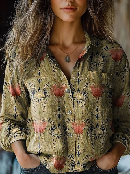 

Women Floral Print Long Sleeve Shirt Spring/Fall Shawl Collar Casual Vintage Top, Color3, Blouses