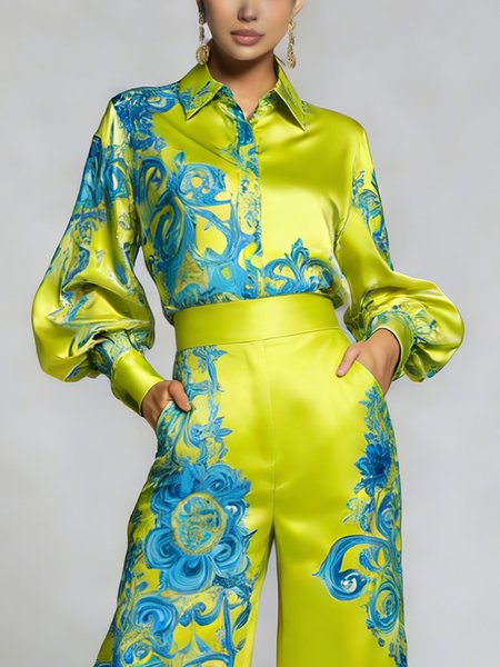 

Urban Random Print Printing Shirt Collar Balloon Sleeve Shirt, As picture, Blouses and Shirts