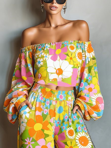 

Vacation Floral Printing Cold Shoulder Blouse, As picture, Blouses and Shirts