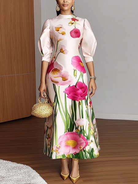 

Elegant Floral Puff Sleeve Printing Mock Neck Maxi Dress, Pink, Cocktail Dresses