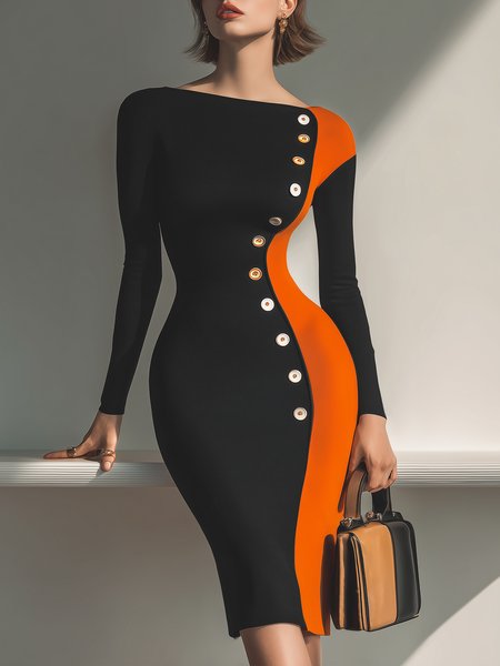 

Urban Color Block Split Joint Boat Neck Knee Length Dress, As picture, Midi Dresses