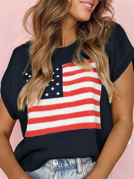 

Women's 250th Anniversary Of The Founding Of the United States Vintage Short Sleeve Crew Neck 3D Printing America Flag Crew Neck Vintage Acrylic Daily Going Out Casual Knit Top, Black, T-shirts