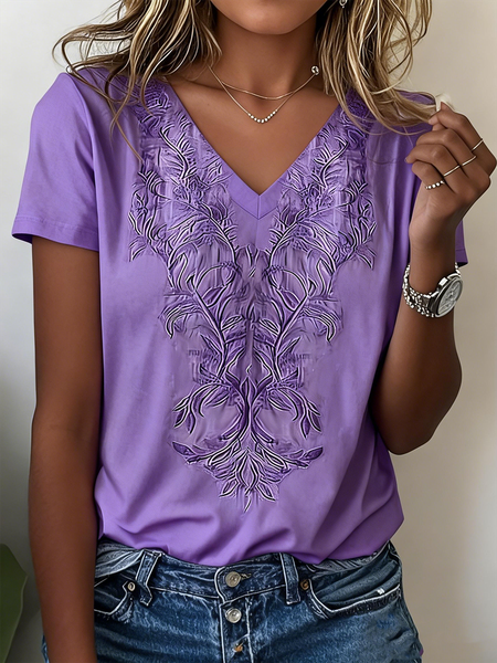Elegant Floral V Neck Short Sleeve T-shirt