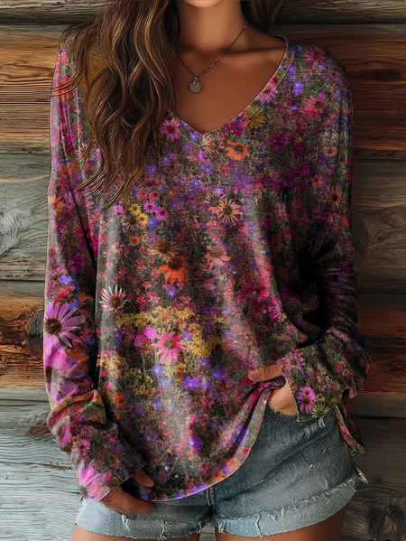 

Casual Floral V Neck Long Sleeve T-shirt, Purple, T-shirts