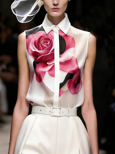 

Elegant Floral Printing Shirt Collar Shirt, As picture, Blouses and Shirts