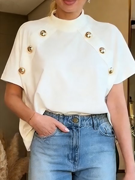 

Casual Plain Buttoned Mock Neck T-shirt, White, Tees