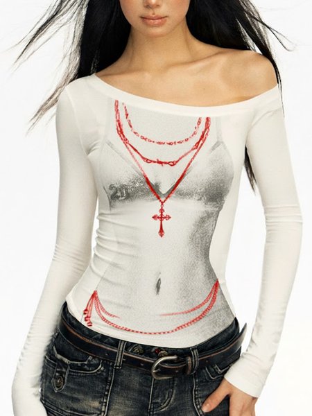 

Casual Random Print Printing One Shoulder T-shirt, White, Tees