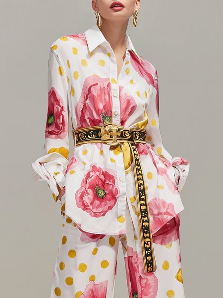 

Urban Polka Dots Printing Shirt Collar Shirt No Belt, Pink, Blouses and Shirts