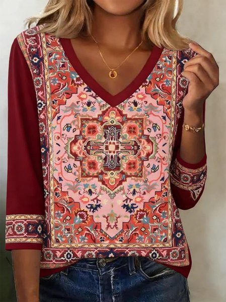 

Casual Geometric V Neck Long Sleeve T-shirt, Color4, T-shirts